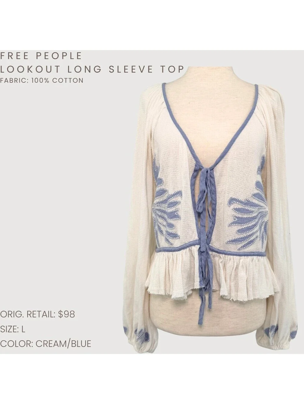 Free People Lookout Tie Front Embroidered Top Ivory Blue L